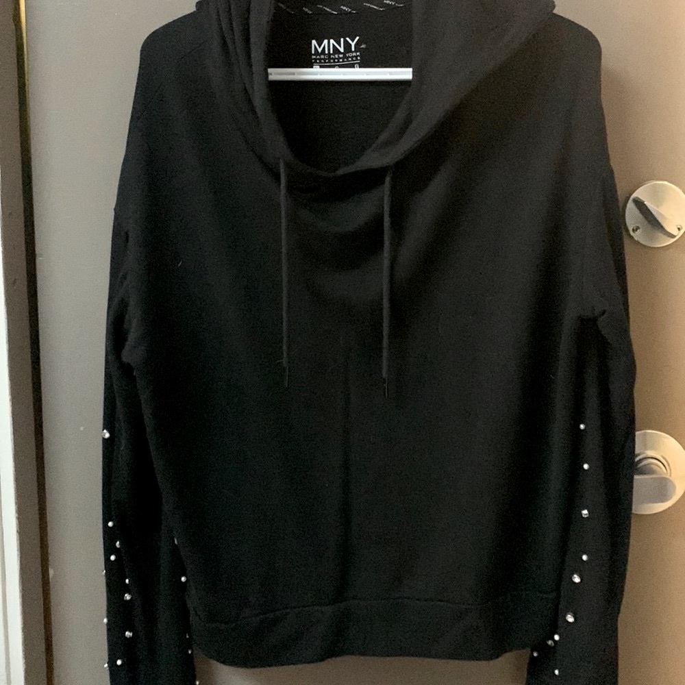 MARC NEW YORK PEDORMANCE LADIES TOP With hood and pearls and rhinestones.LARGE